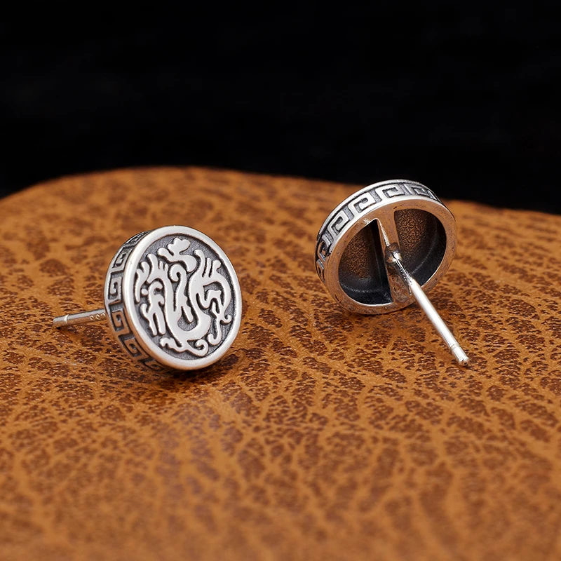 925银耳饰 复古龙纹银针耳钉男女个性小众生肖本命年耳饰高级耳环