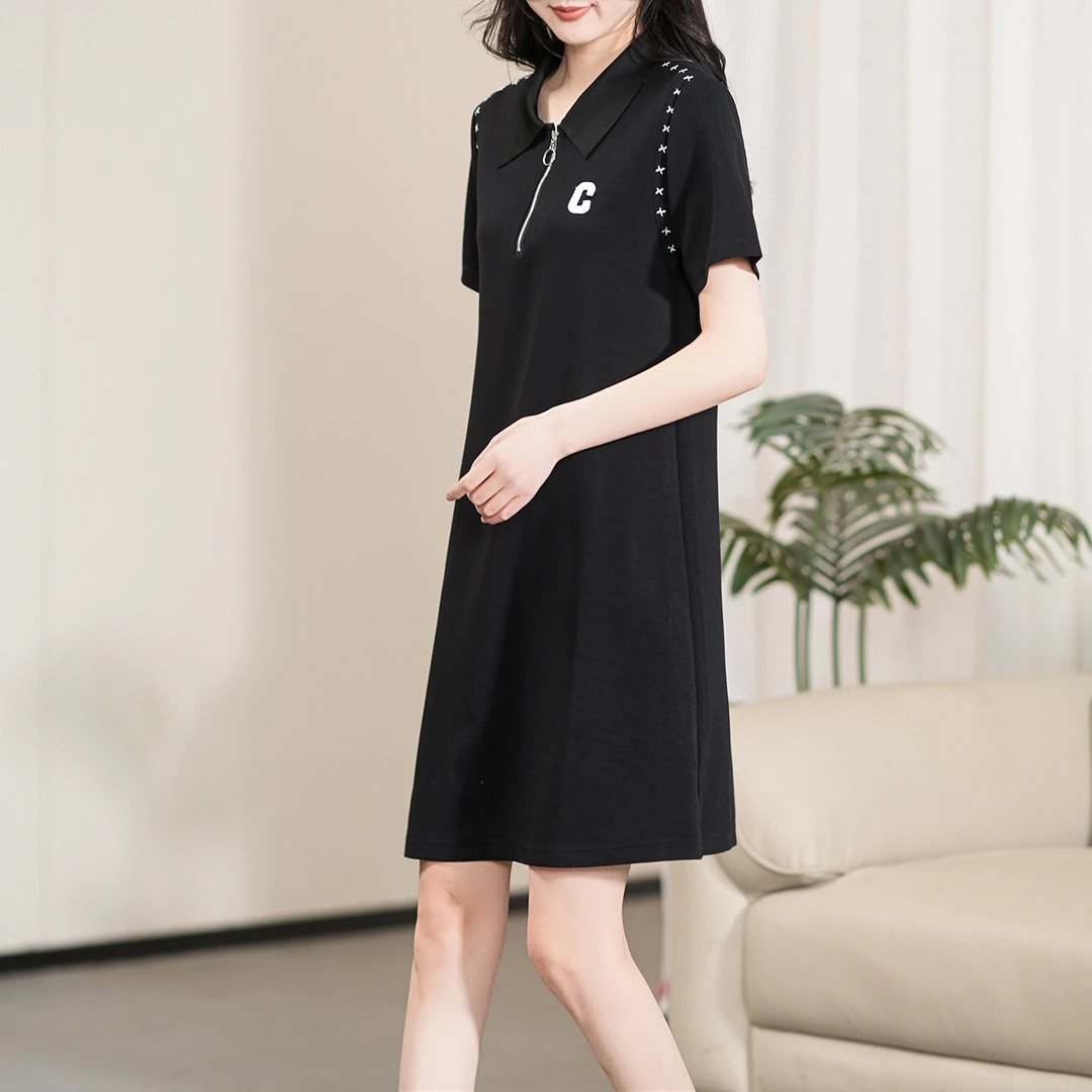 【夏季新款】韩版明线刺绣POLO领半拉链休闲风连衣裙CS5868 裙长88