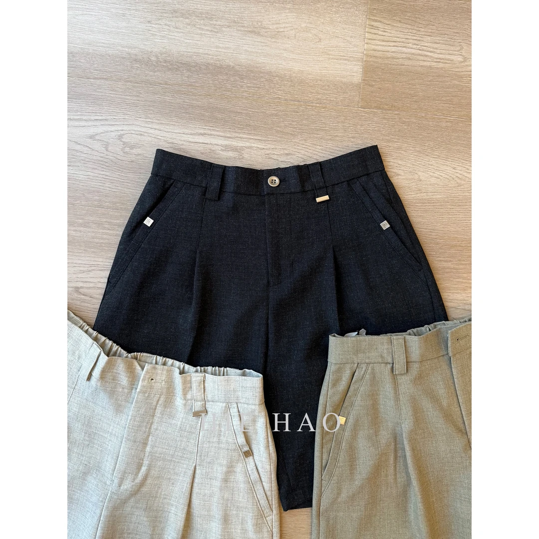 Hei Hao仿麻纹理半松紧腰夏季休闲短裤TR高级老钱抗皱男士休闲裤