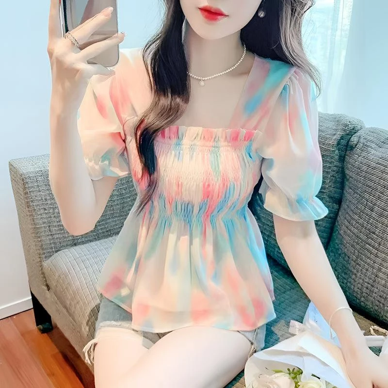 1法式雪纺衫方领新款收腰洋气上衣泡泡夏季短袖甜美显瘦套头衬衫