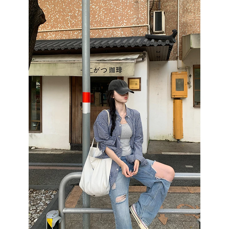 2025新款女士早秋季韩系慵懒风格子宽松显瘦百搭衬衫外套阔腿裤子