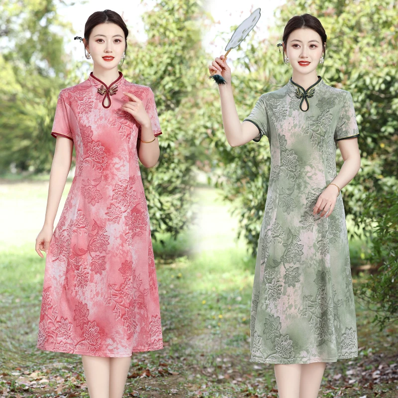 中年女改良旗袍中长款印花中国风新中式夏季短袖盘扣复古气质优雅
