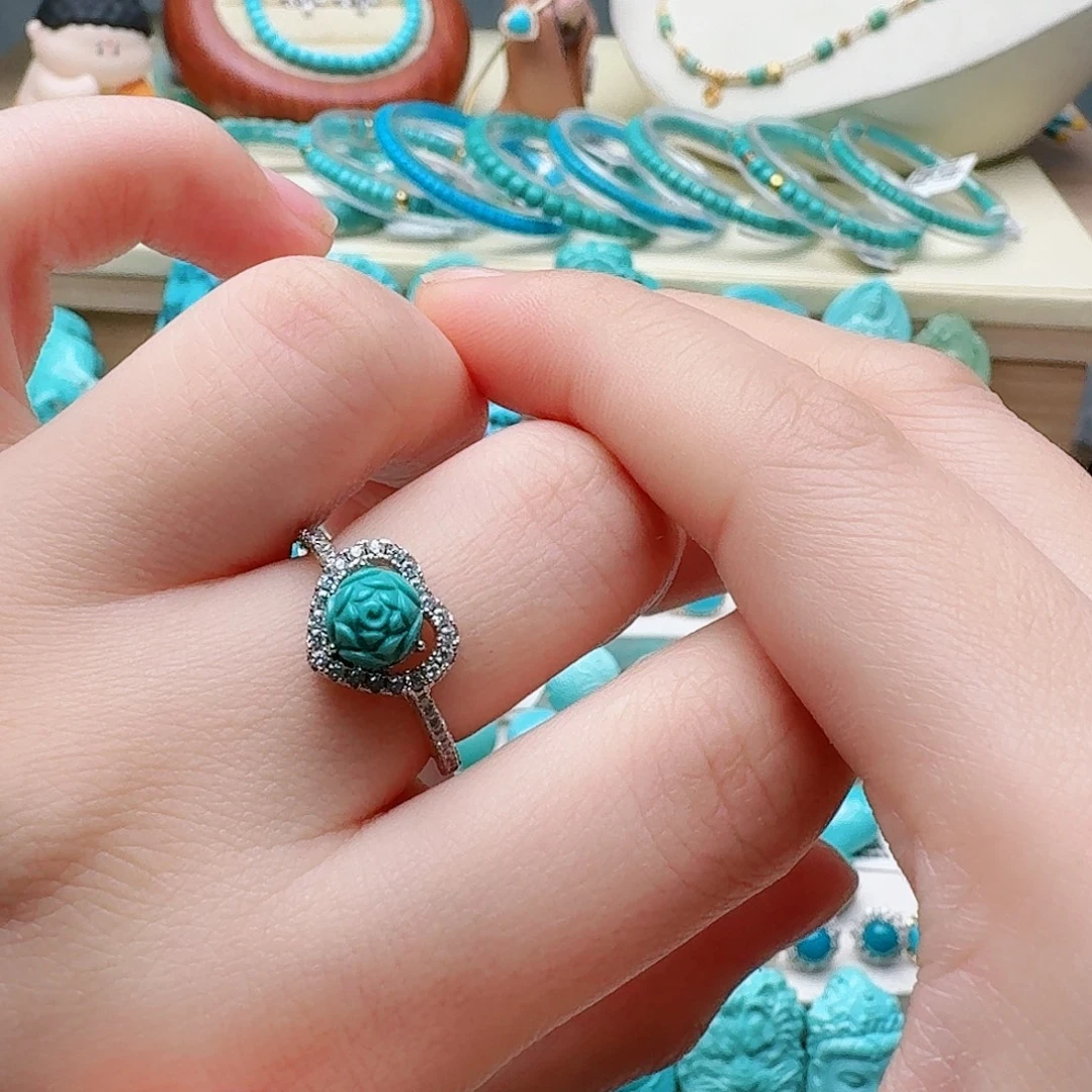绿松石银S925镶嵌^_^高瓷绿玫瑰花女戒