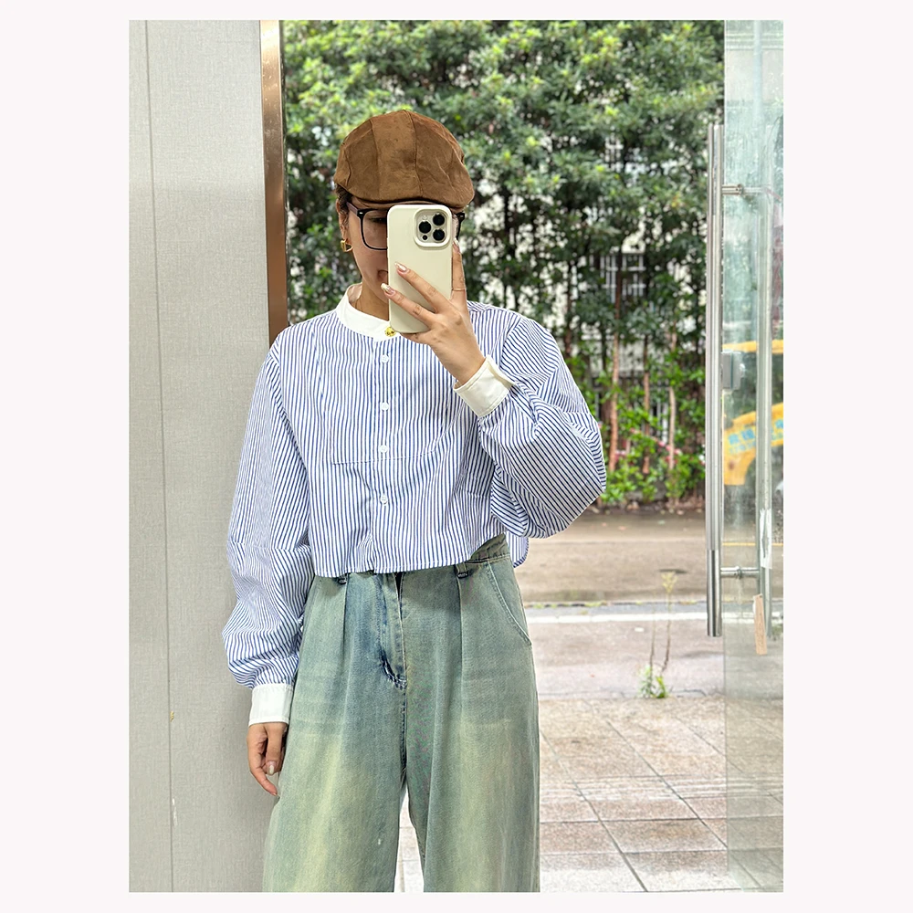 ZR110 早秋新款女士宽松短款条纹长袖时尚百搭衬衫