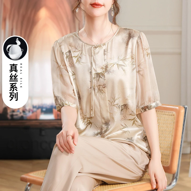 新中式妈妈夏装重磅印花真丝上衣2025新款中老年女大码桑蚕丝衬衫