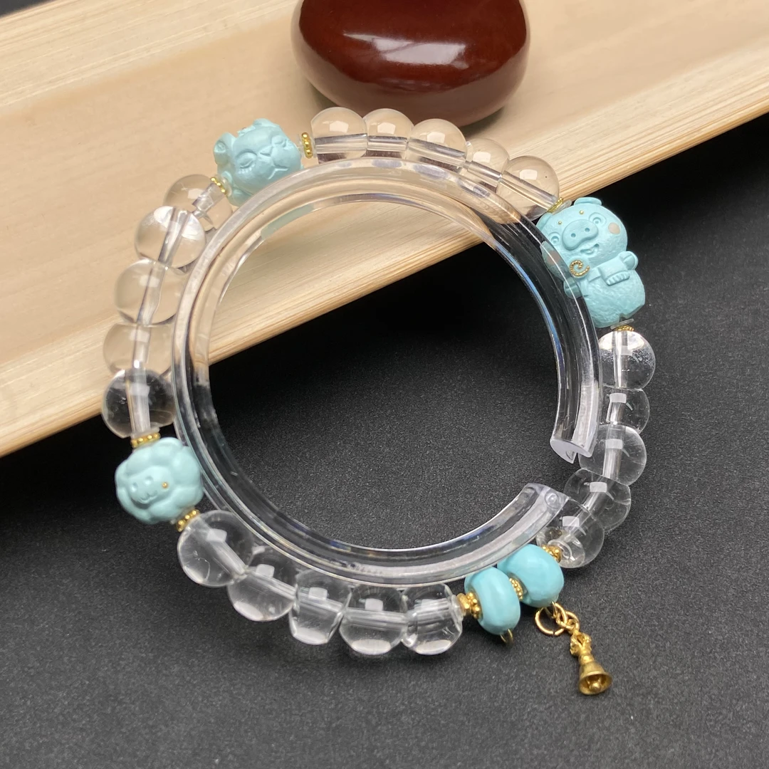 原矿绿松石配饰水晶手串设计款15手围猪羊兔大肠单圈
