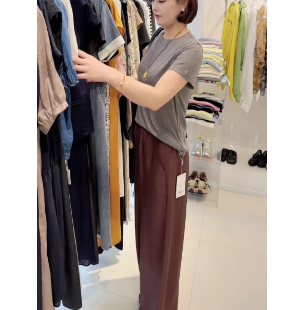 夏季松紧腰抽绳酸酸缎面显瘦拖地阔腿裤长裤