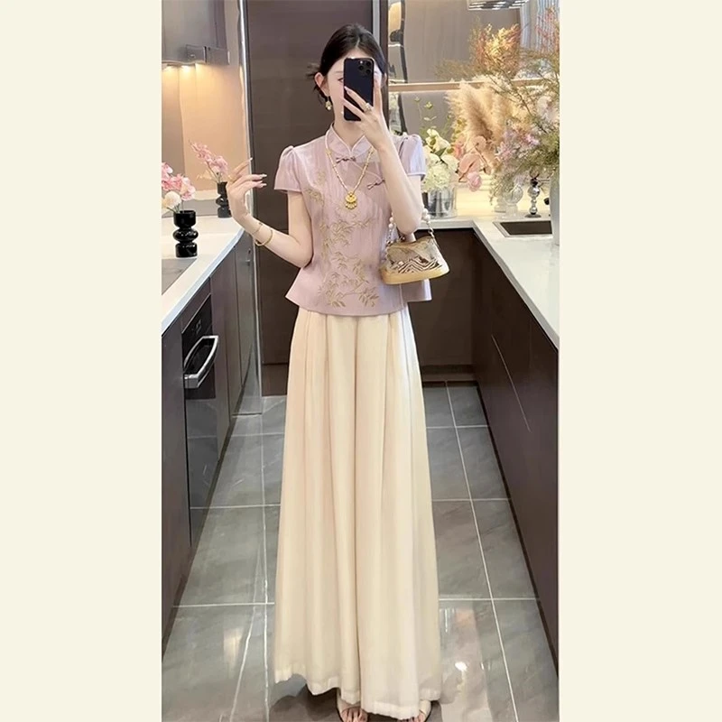 夏季清冷贵气感穿搭高级感新中式佛系禅意国风修身上衣裤子两件套