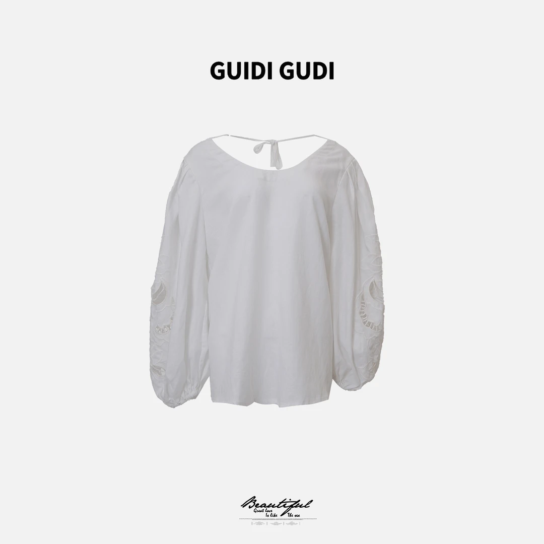 GUIDI GUDI【安眠曲】时尚百搭镂空长袖T恤/黄加蓝