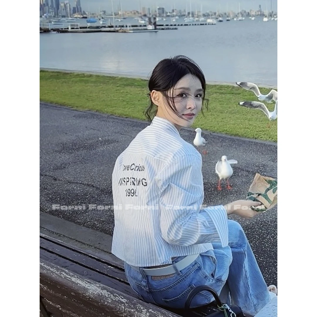 FORNI N搭时髦录客 经典蓝白印花条纹印花短衬衫