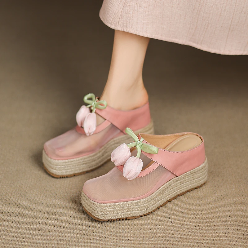 小众10.5cm！包头厚底凉拖女真皮外穿草编半拖2025年夏季镂空网纱