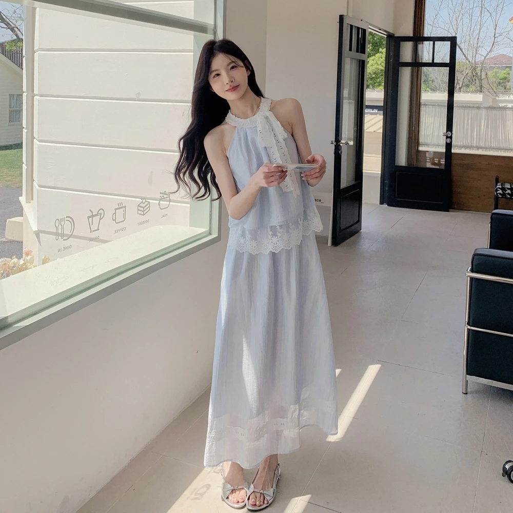 法式温柔风蓝色蕾丝拼接套装裙2025新款小众露肩上衣半身裙两件套