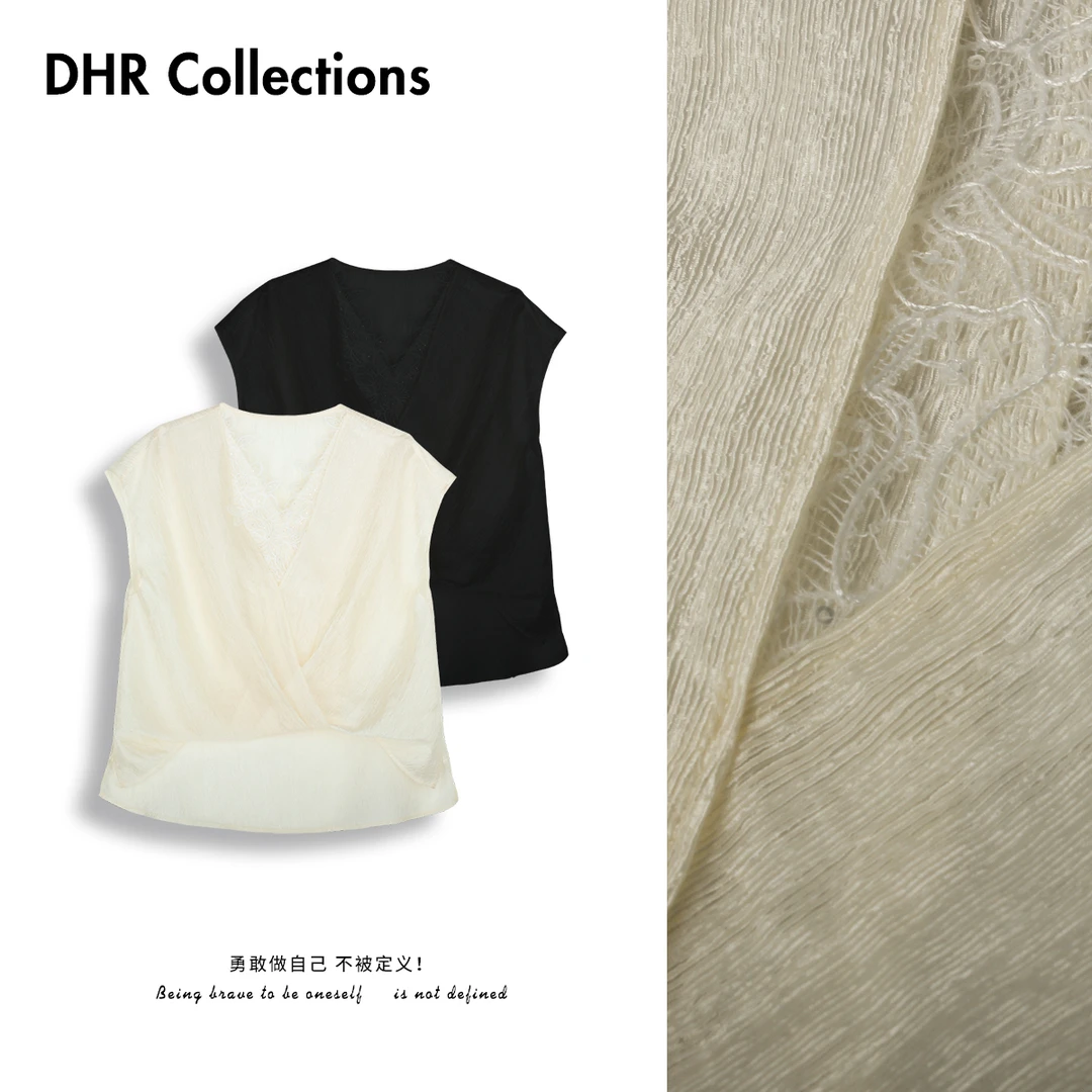 豆豆7 【醋酸蕾丝衫】凉感舒适休闲风薄款V领无袖T恤-DX1501