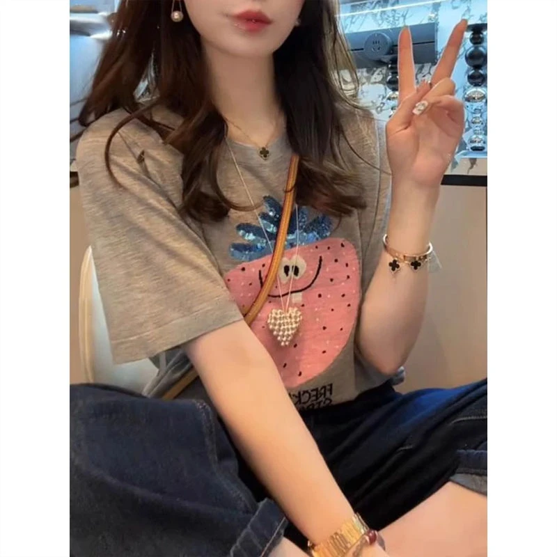圆领卡通草莓印花短袖T恤女2025夏季新款高级感时尚休闲显瘦上衣