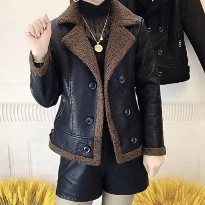 立领加绒加厚皮衣女秋冬新款韩版皮毛一体短款仿羊羔毛皮衣外套