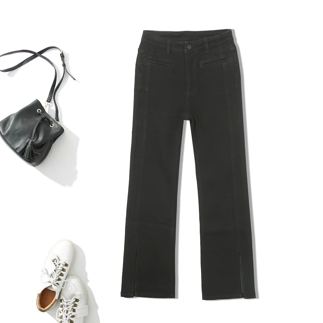 时尚黑色设计感侧开叉爆款水洗牛仔裤显瘦女士春秋抓绒潮裤1F563