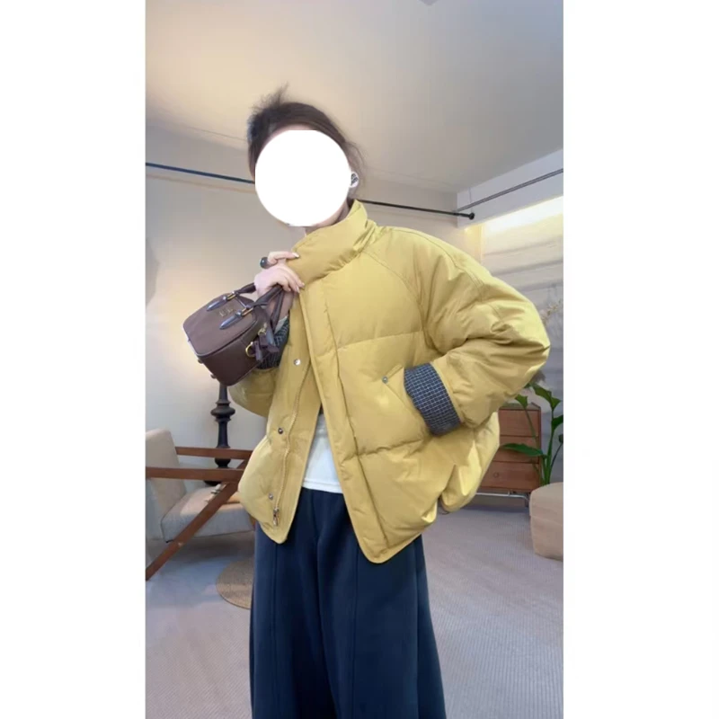 韩系立领格子拼接短款外套女冬季大码胖MM时尚休闲保暖面包服棉衣