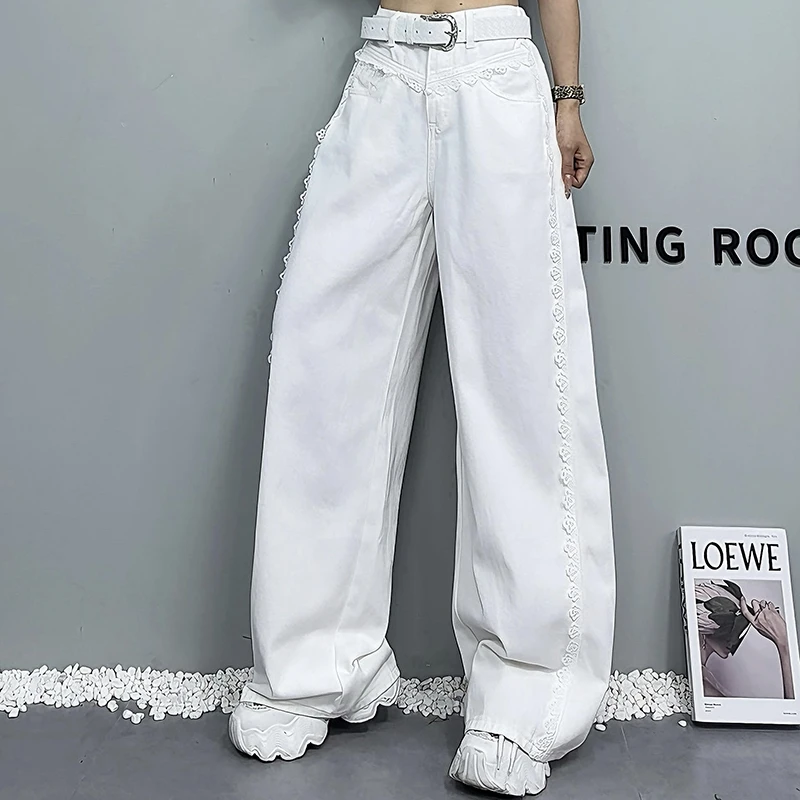 夏季2025新款腰部设计拼蕾丝牛仔裤女高腰百搭垂感休闲拖地裤-798