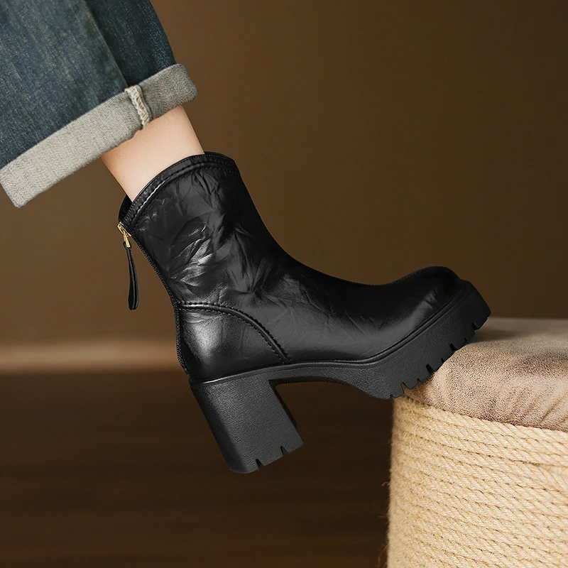 牛皮/8cm/25新款真皮瘦瘦靴厚底短靴增高跟靴子粗跟小个子女鞋