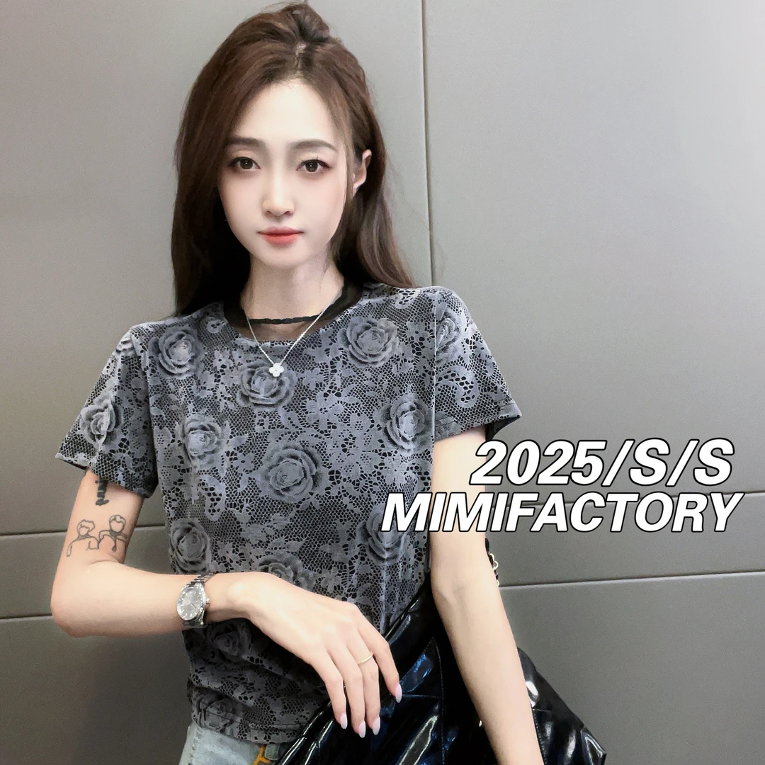 芈芈-2025夏季新款 蕾丝镂空短袖T恤女修身显瘦时尚休闲百搭047#