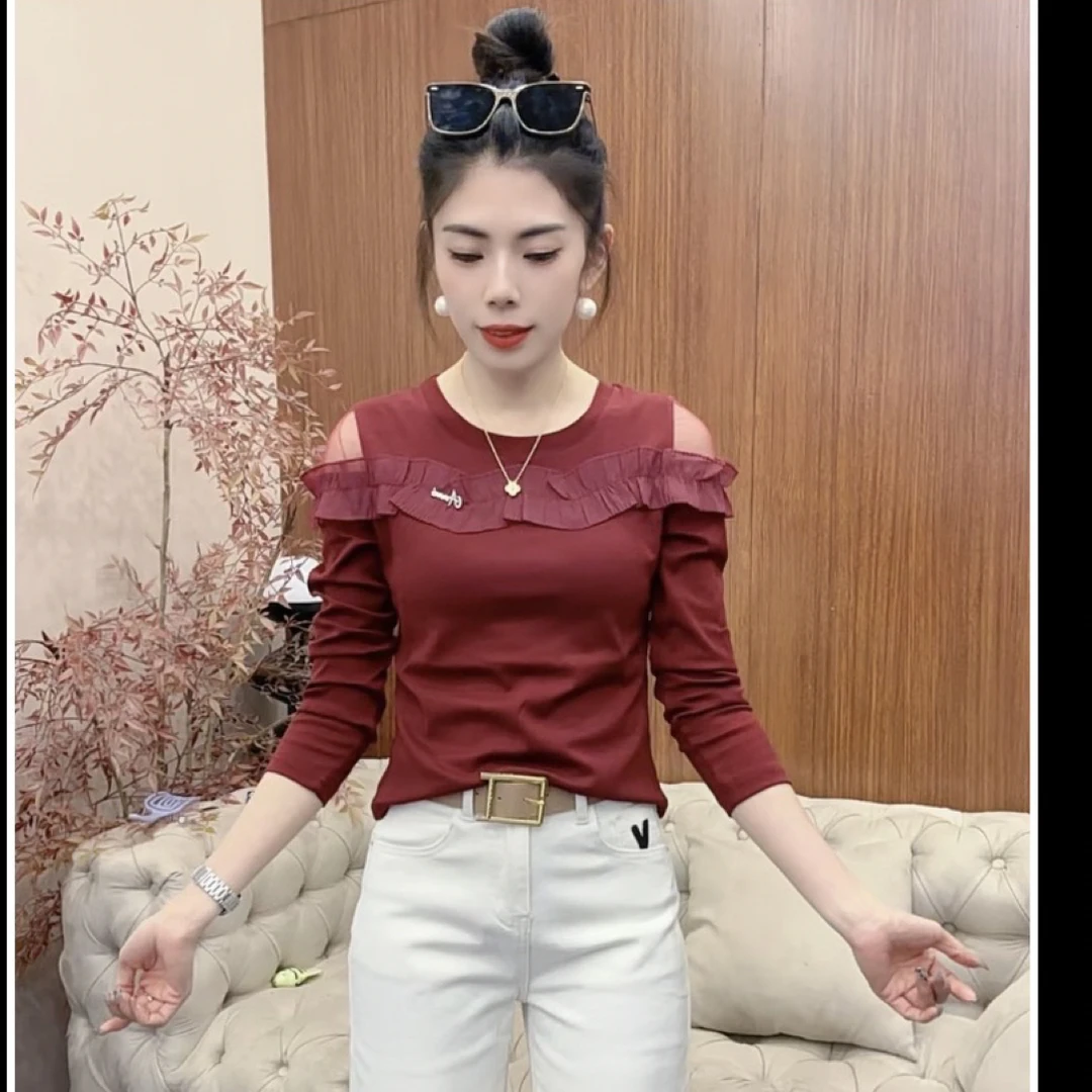 月月家，新款秋季拼接荷叶边显瘦百搭修身长袖上衣2552
