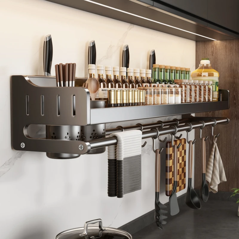 厨房置物架免打孔不锈钢家用壁挂式调味料刀架一体用品大全收纳架
