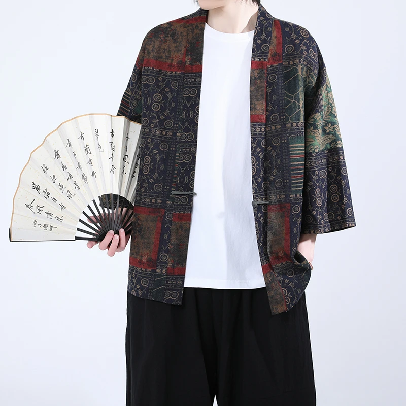 中国风宽松时尚民族风防晒上衣男士春夏季新款休闲七分袖盘扣衬衫