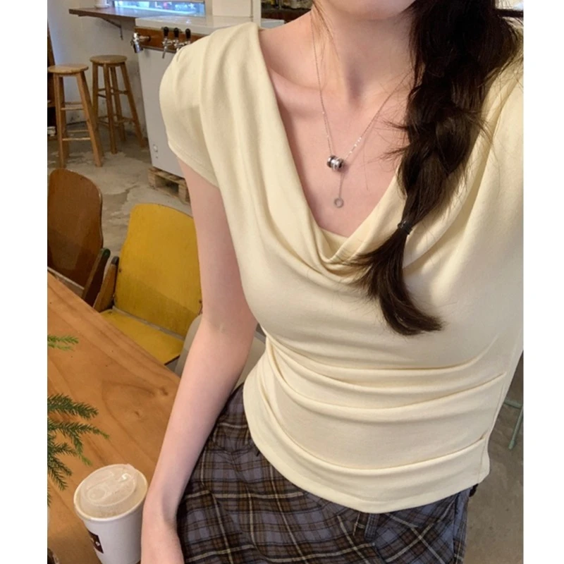 小个子定制设计感堆堆领修身显瘦短袖低V领辣妹荡领短款上衣