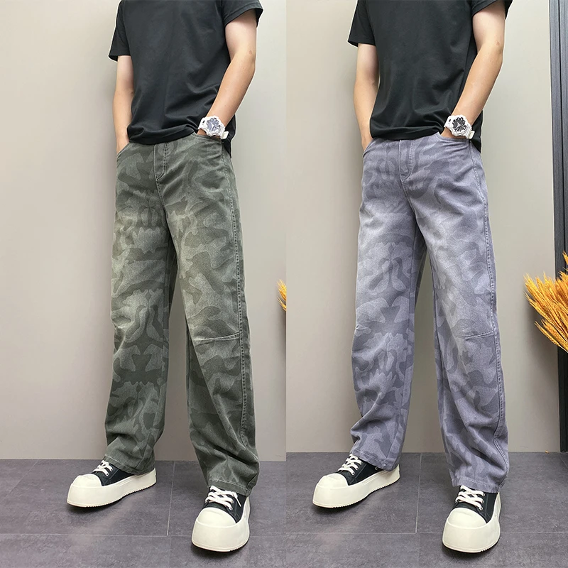 DOEA秋季新款潮牌韩版水洗迷彩牛仔裤青年男士直筒阔腿休闲长裤子