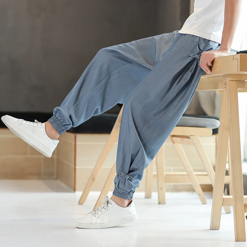 九分裤男士中国风夏季薄款冰丝束脚裤复古盘扣宽松加肥大码哈伦裤
