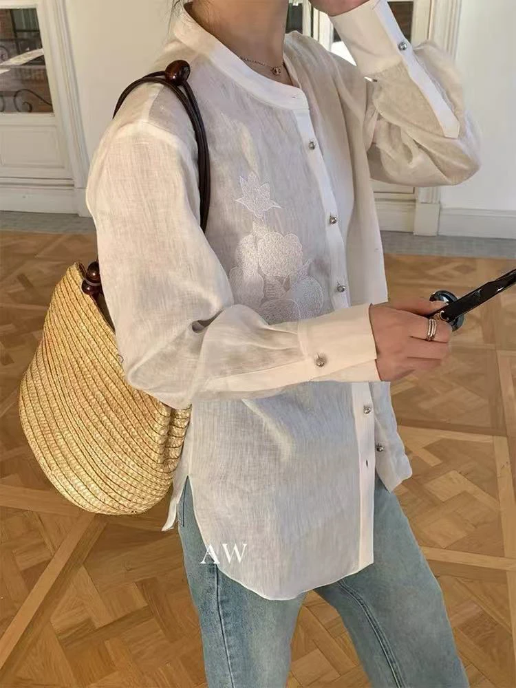玫瑰重工刺绣轻薄宽松显瘦长袖衬衫衬衣女10035