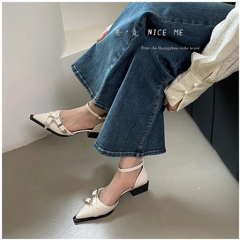 NICE ME~安妮公主~尖头包头时装高跟女鞋粗跟浅口欧若尖头凉鞋女~