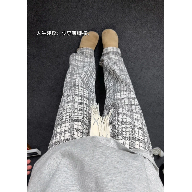 小香风格子裤子男款秋季美式复古垂感直筒阔腿裤痞帅运动弯刀卫裤