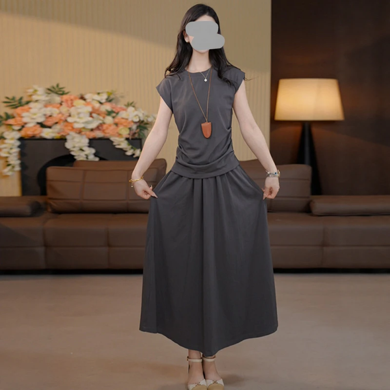 新款简约无袖T恤2025夏季大码胖MM高级长款运动休闲半身裙两件套