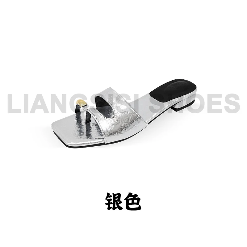夏季浅口方头薄款纯色一字拖露趾百搭粗跟休闲外穿-XH1018