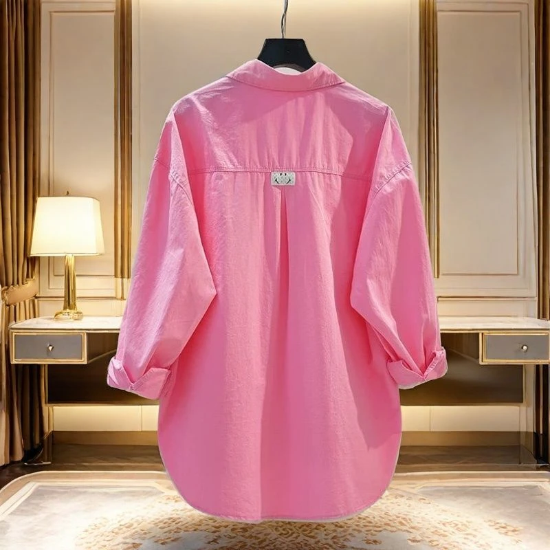 中长款纯棉高档衬衫女春秋季新品玫红色休闲宽松长袖衬衣开衫上衣