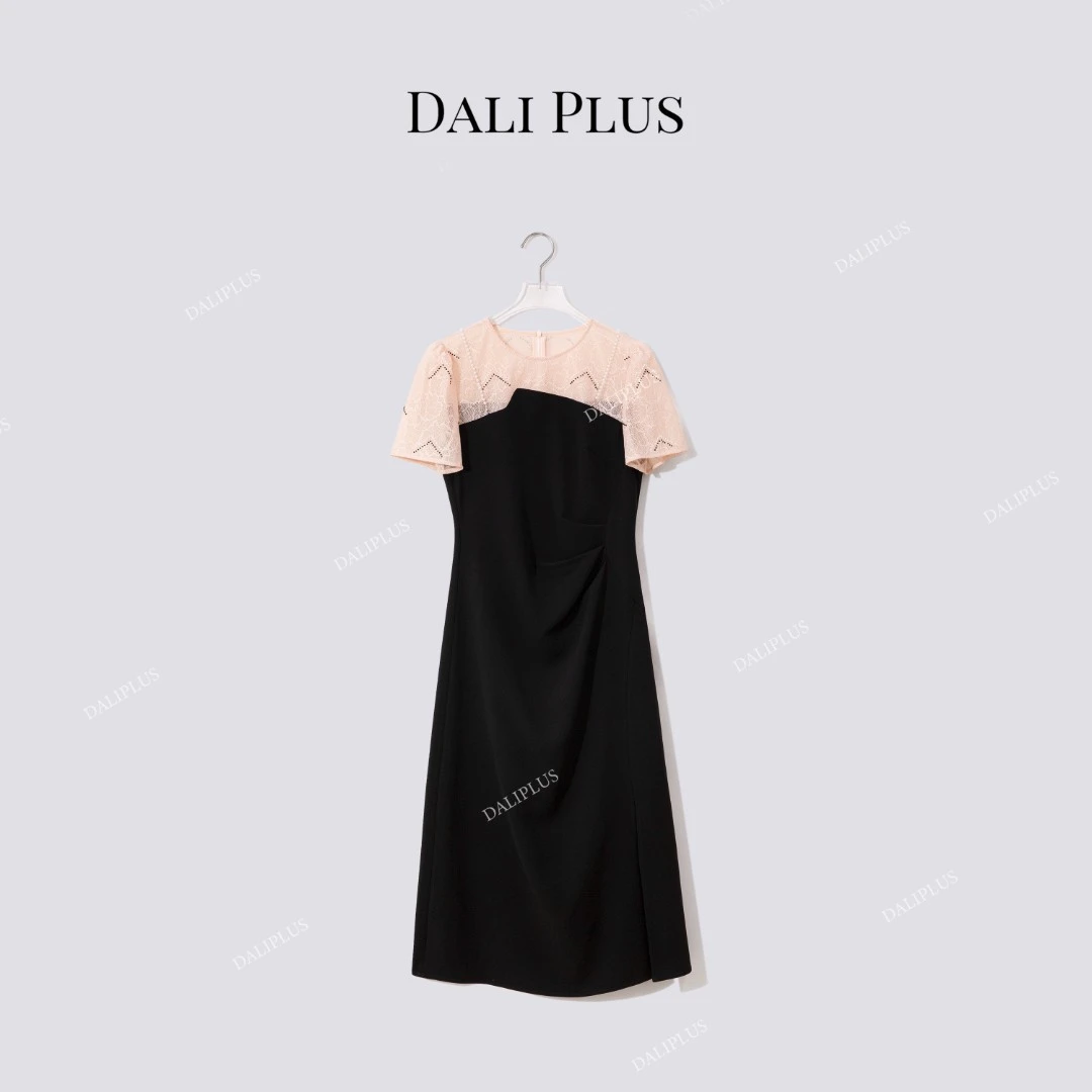 DALI PLUS“高克重醋酸”抹胸假两件珍珠蕾丝收腰连衣裙-D5XH0085