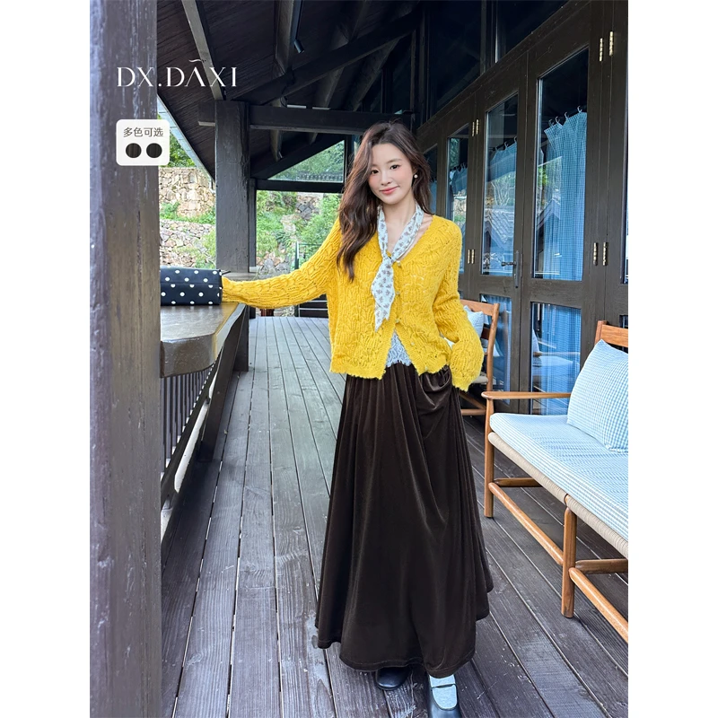 代大喜【黑丝绒】高级感针织半身裙女2025秋季时尚休闲丝绒百褶裙