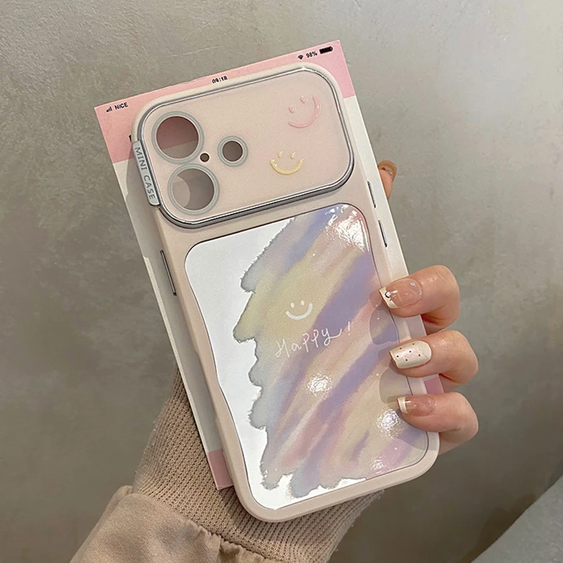 大视窗镜面彩色涂鸦笑脸适用苹果16pro手机壳网红女款创意ins轻奢