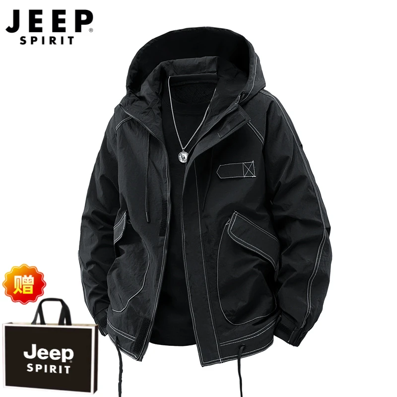 JEEPSPIRIT痞帅夹克男士冲锋上衣春秋款港风潮流连帽工装外套男