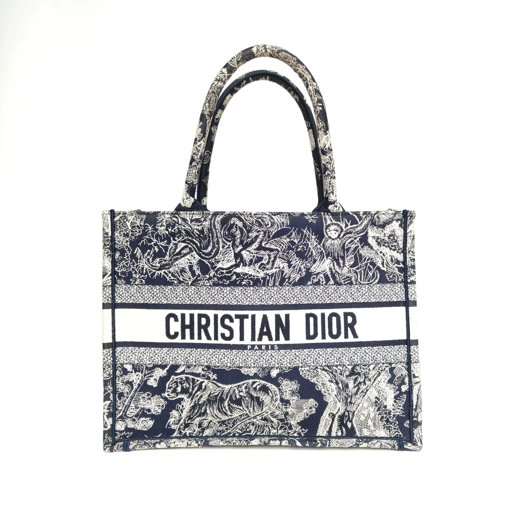 95新 DIOR/迪奥 双攀/ Tote 中号 墨蓝色 帆布 动物园老虎刺绣