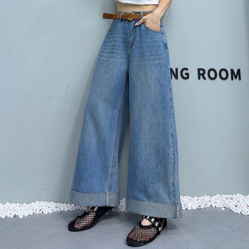 2025夏季新款薄款阔腿牛仔裤女时尚高腰宽松港风大裤脚九分裤5501