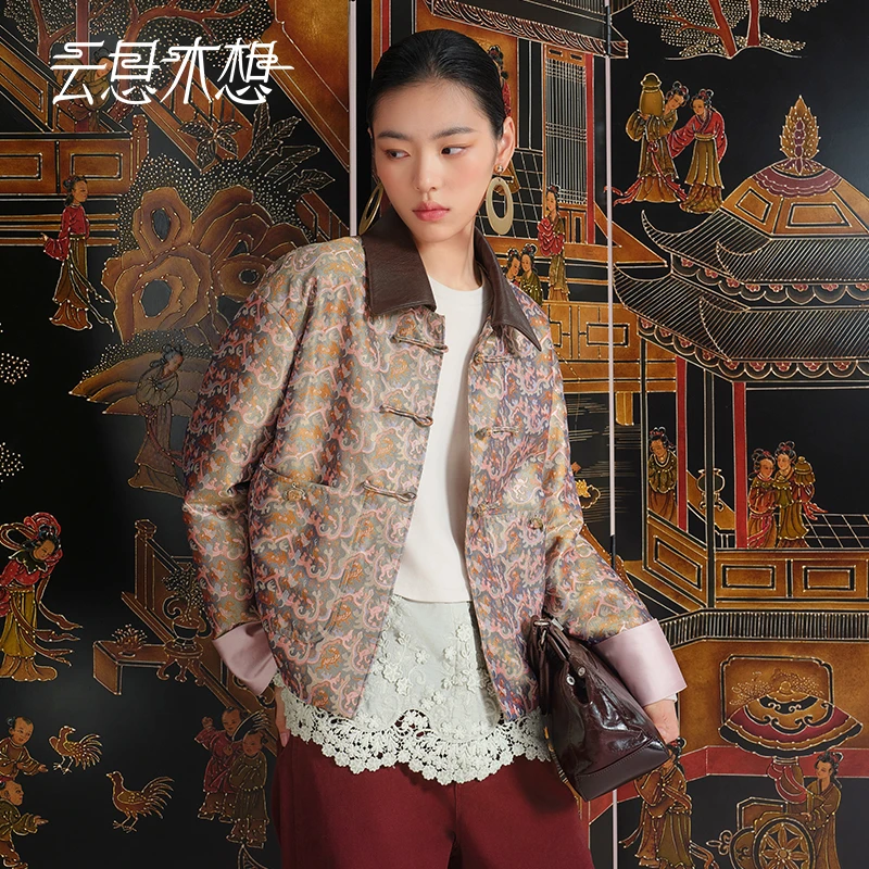 Ysimo-X云思木想长乐明光蜀锦100桑蚕丝羊皮领手工盘扣外套13857