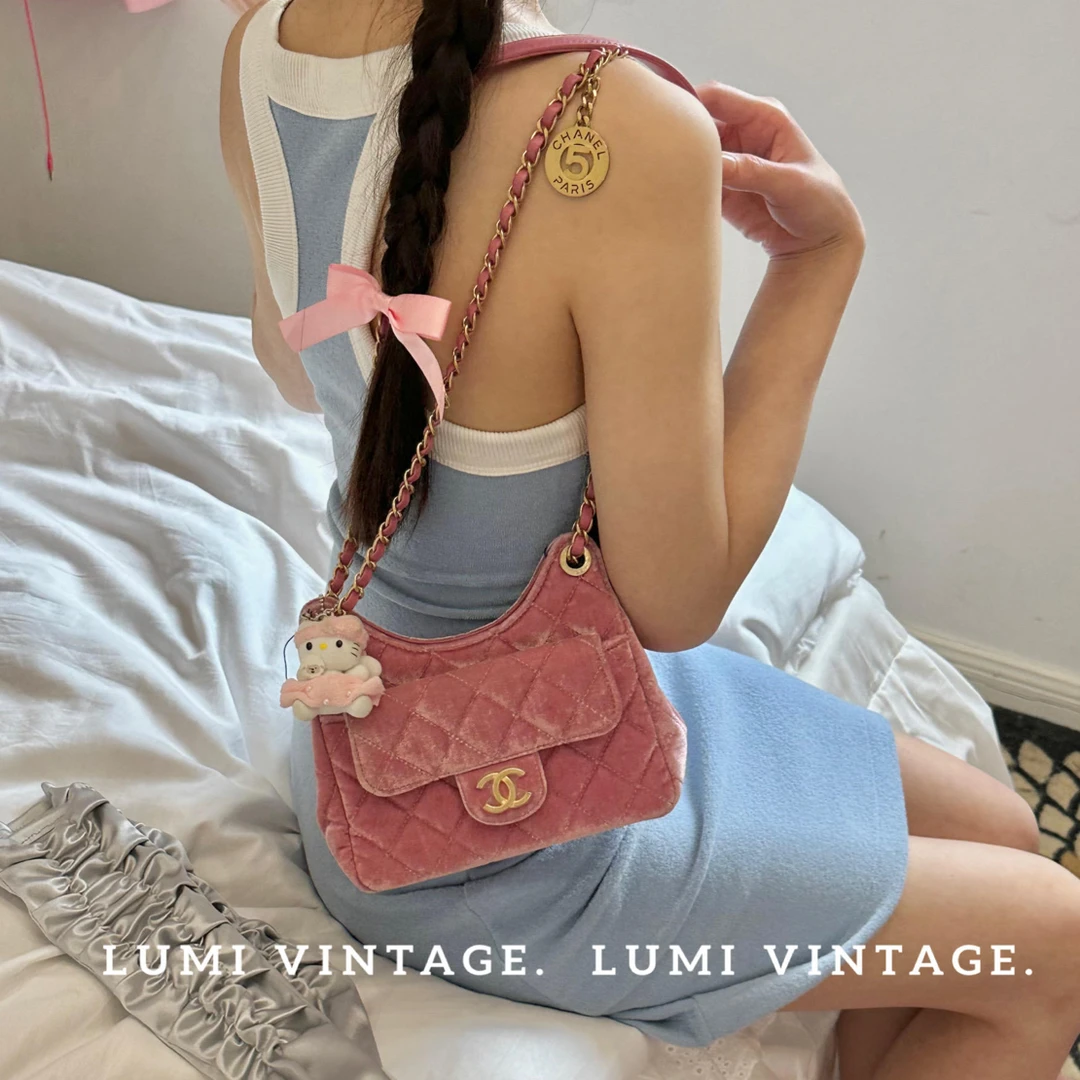 95新 Chanel/香奈儿 Lumi包展-玫粉色丝绒小号天猫精灵