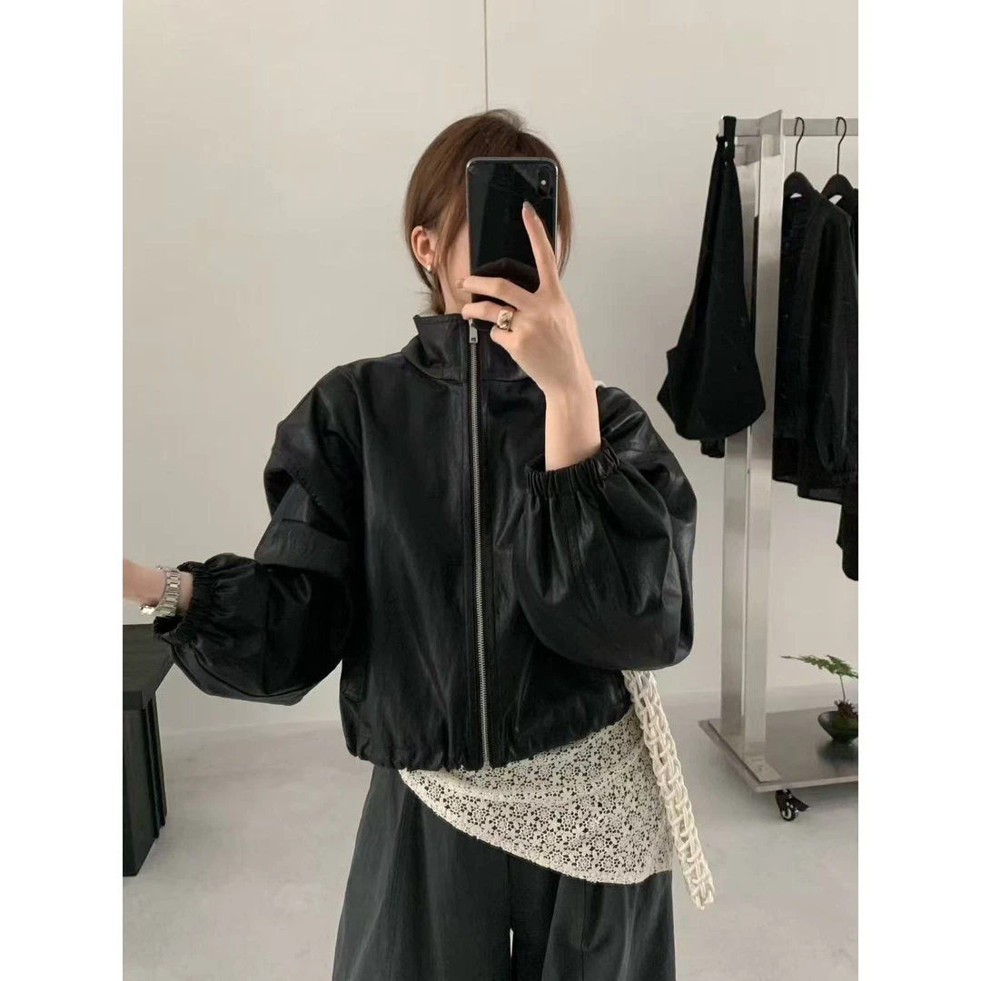 J-81999#YOUR#韩系chic小众复古立领拉链皮衣外套(福利)