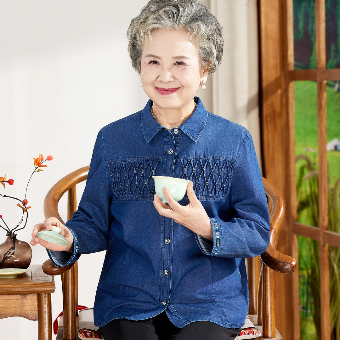 妈妈装纯棉衬衫奶奶全棉牛仔上衣60岁70中老年人老太太老人衬衣服