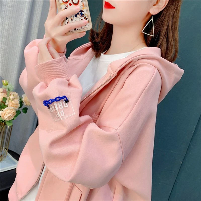 学生洋气拉链开衫外套女秋冬季薄款加绒加厚长袖连帽纯棉韩版上衣