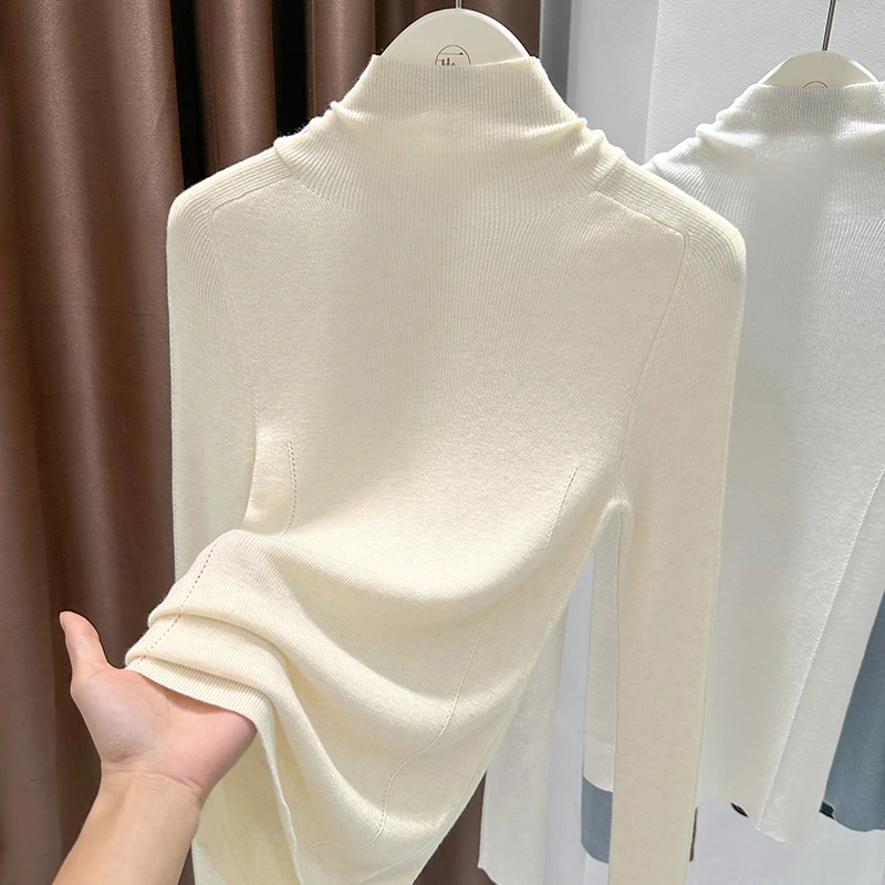 高领时尚感长袖杏色上衣女秋季新款百搭套头针织小衫修身T恤内搭