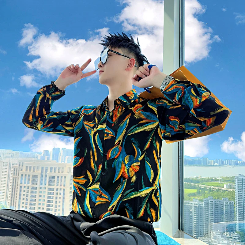 花衬衫长袖英伦雅痞风格男装衣服秋季爆款2025新款高级感男士衬衣