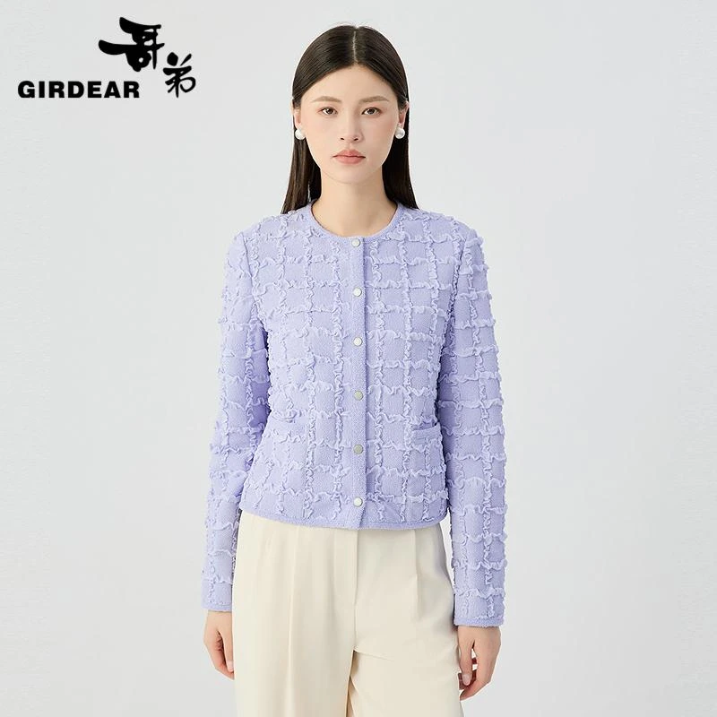 GIRDEAR/哥弟长袖 时尚短款精致圆领肌理感小香风薄外套1400512